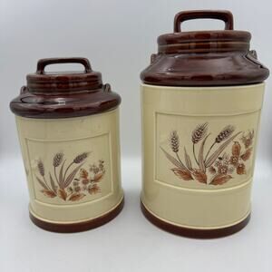 Vintage Made in Japan Ceramic Kitchen Canisters Wheat Floral Farmhouse Brown
